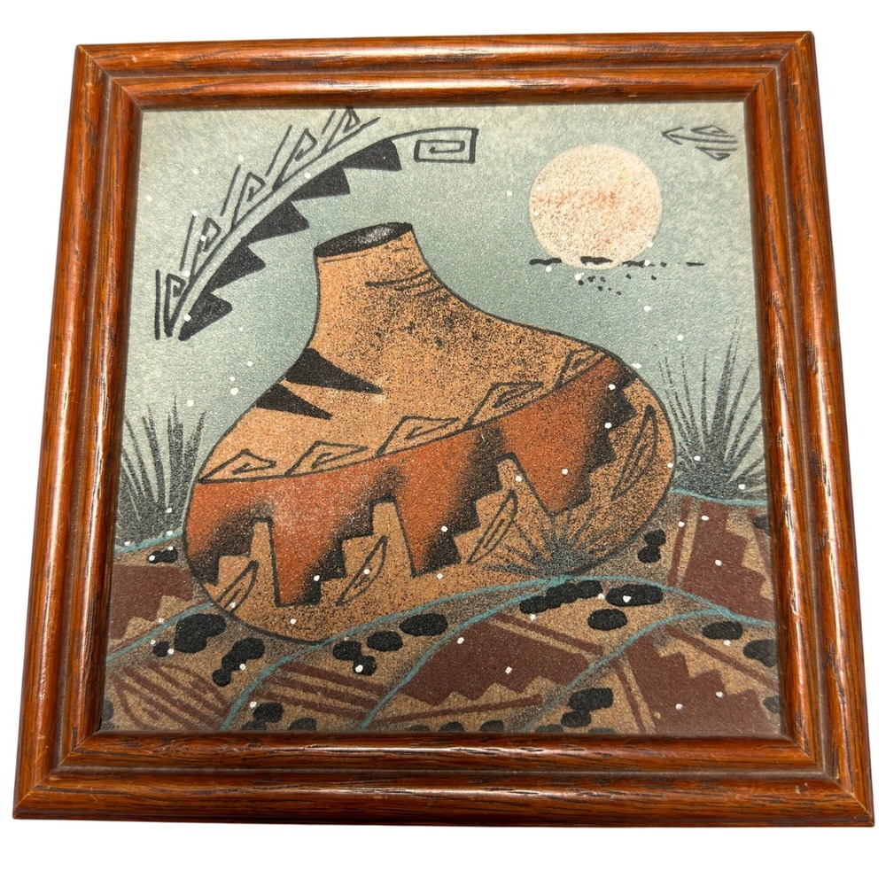 Navajo Sand Art Wooden Trinket Box Southwestern Pottery Scene 7x7 Berta Yazzie